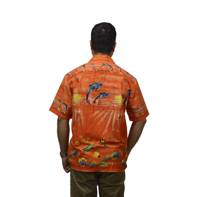 Ky's Hawaiian Cotton Shirt Sunrise Dolphins -Orange