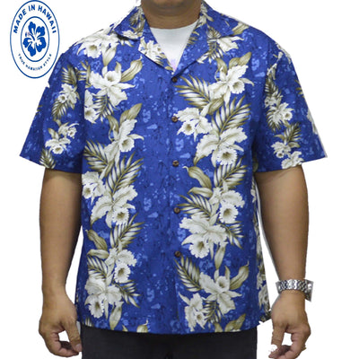 Cotton Hawaiian Shirt Bamboo Orchid -Navy