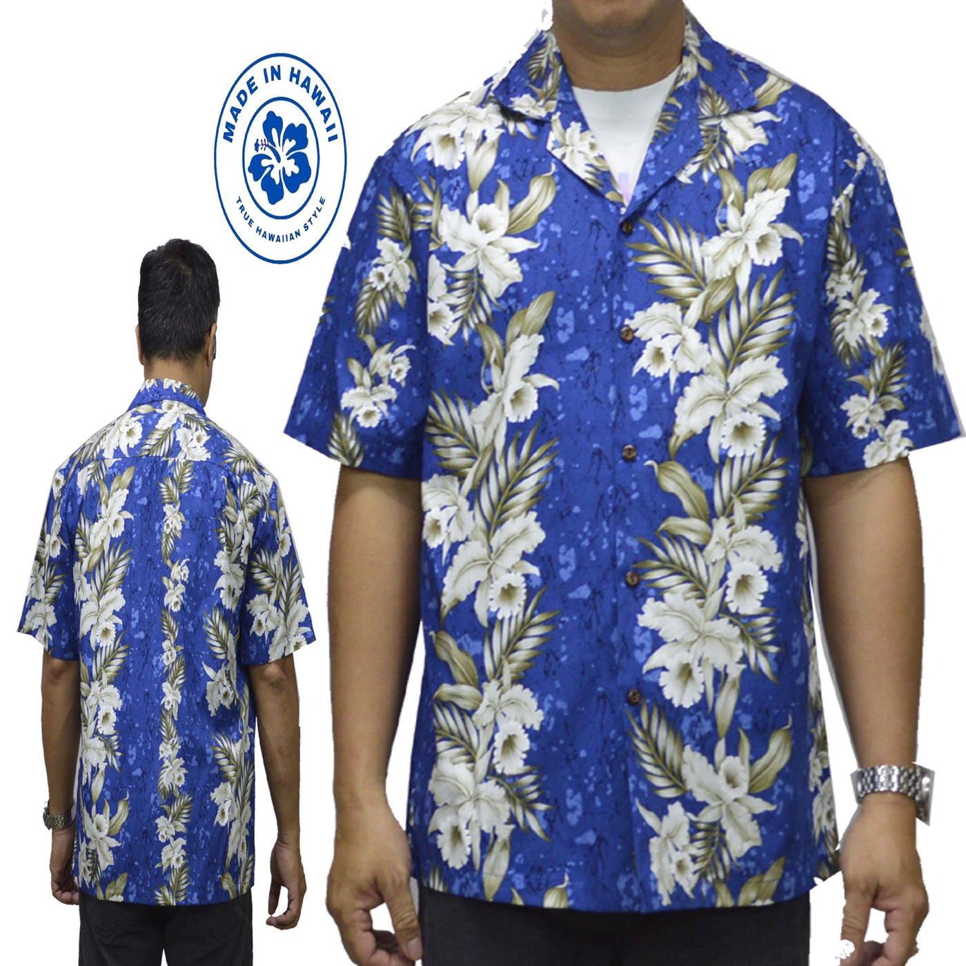 Cotton Hawaiian Shirt Bamboo Orchid -Navy