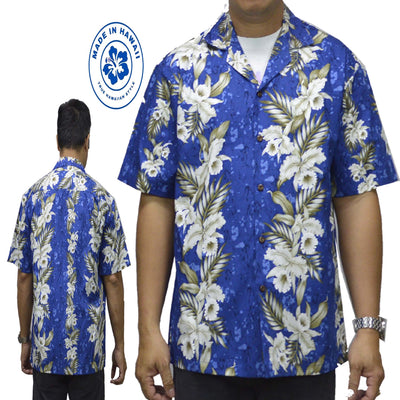 Cotton Hawaiian Shirt Bamboo Orchid -Navy