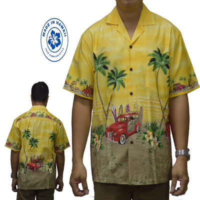 Cotton Hawaiian Shirt Red Car-Yellow