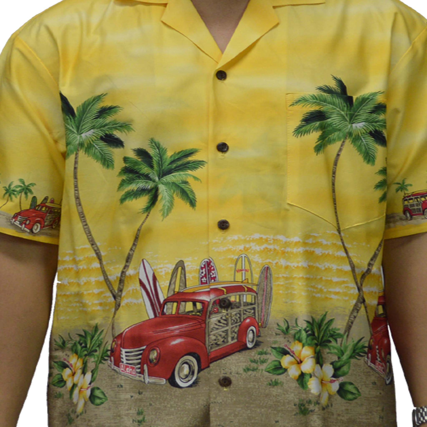 Cotton Hawaiian Shirt Red Car-Yellow