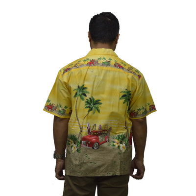 Cotton Hawaiian Shirt Red Car-Yellow