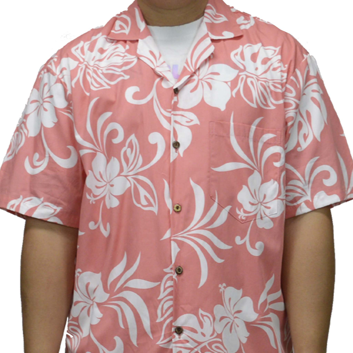 Ky`s Hawaiian Cotton Shirt Classic Hibiscus -Coral