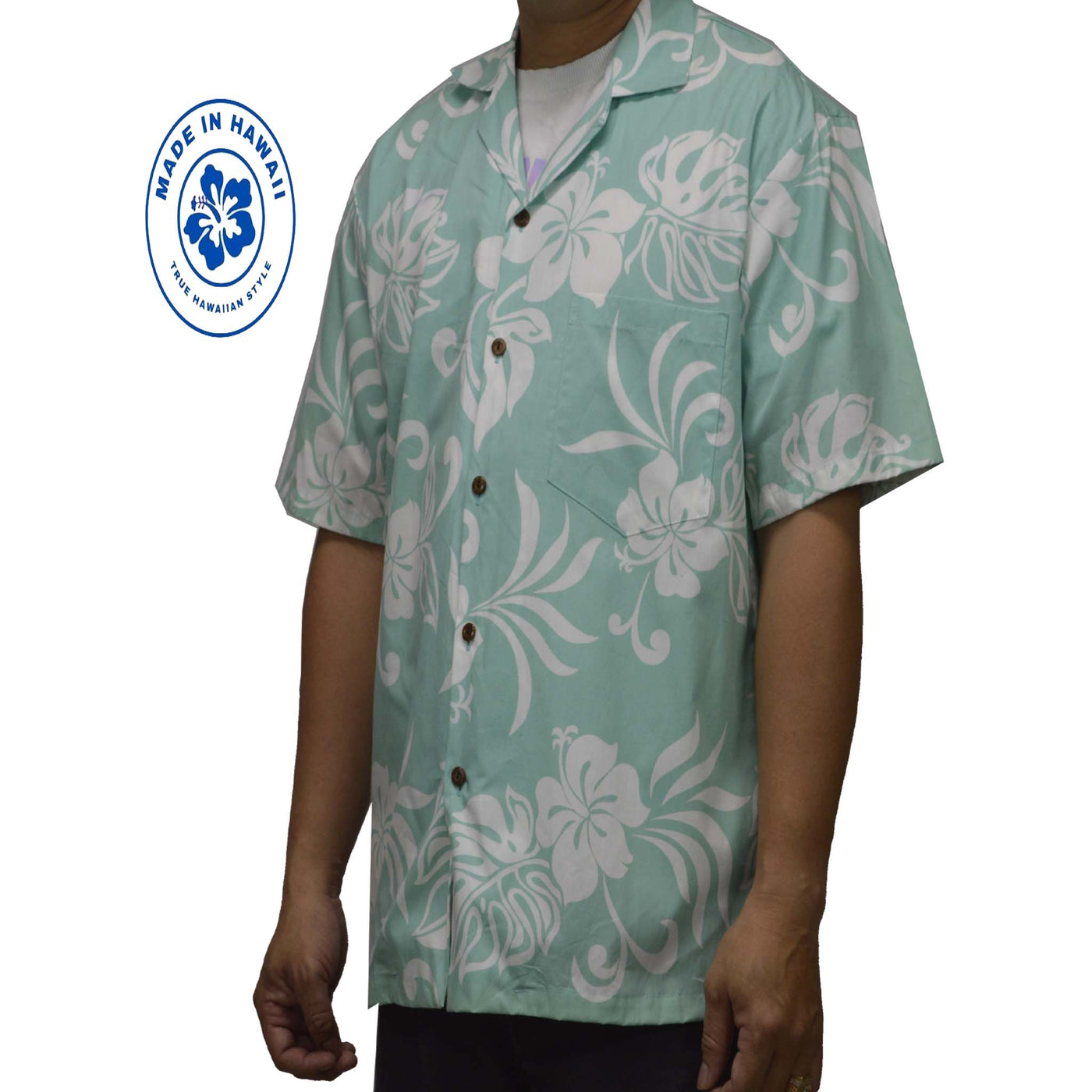 Ky`s Hawaiian Cotton Shirt Classic Hibiscus -Green