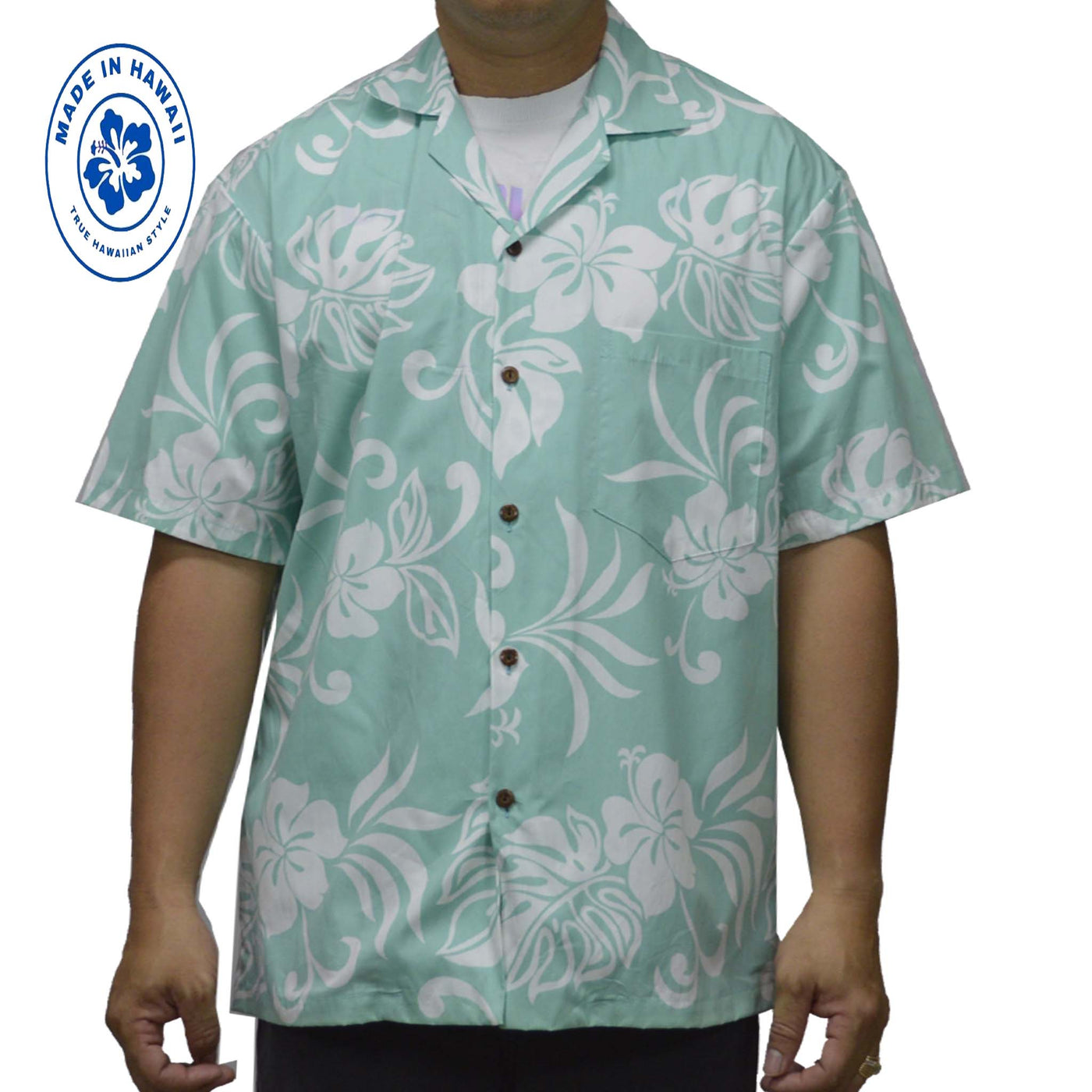 Ky`s Hawaiian Cotton Shirt Classic Hibiscus -Green