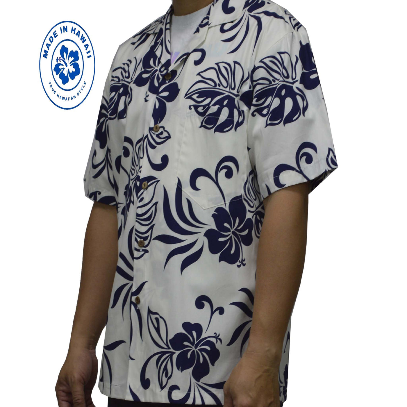 Ky`s Hawaiian Cotton Shirt Classic Hibiscus -Navy