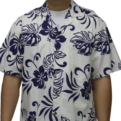 Ky`s Hawaiian Cotton Shirt Classic Hibiscus -Navy