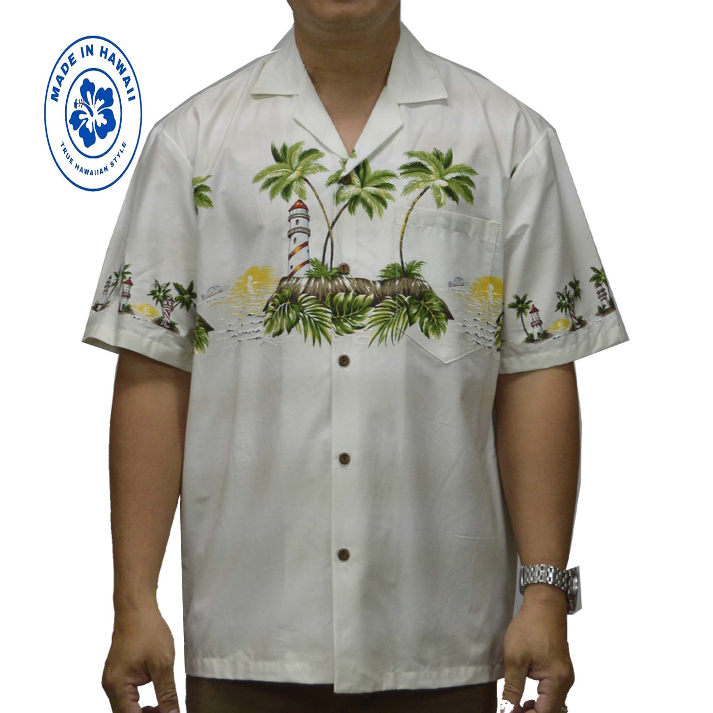 Cotton Hawaiian Shirt Light House Oahu-White