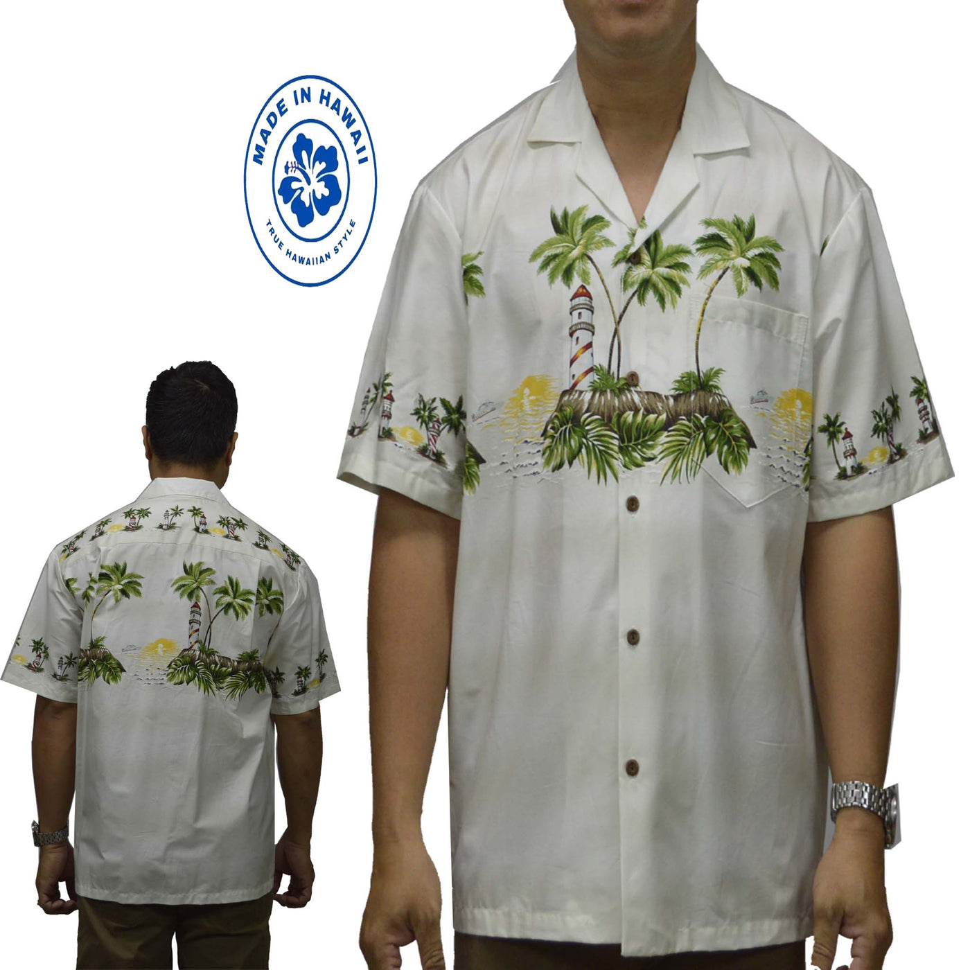 Cotton Hawaiian Shirt Light House Oahu-White