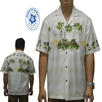 Cotton Hawaiian Shirt Light House Oahu-White