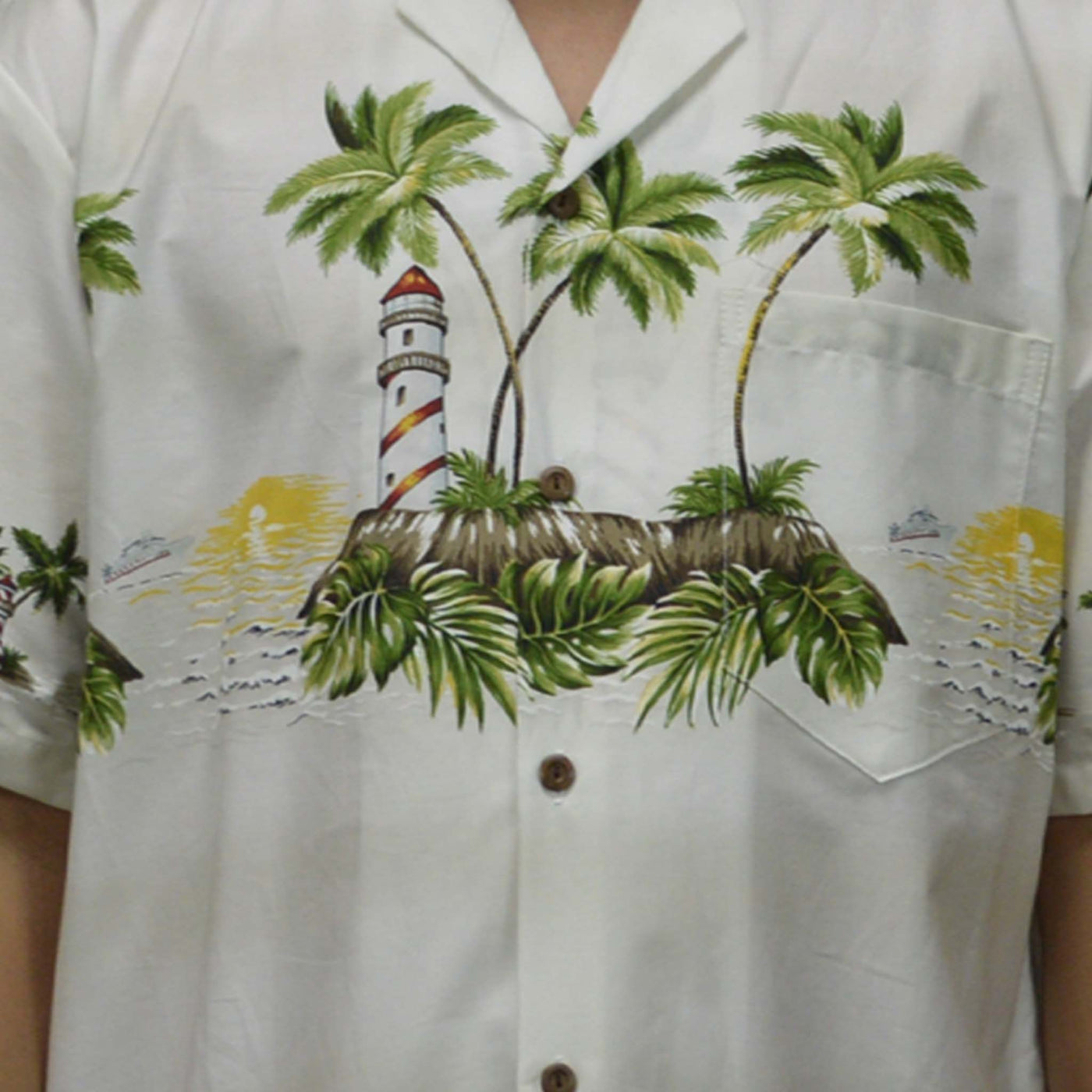 Cotton Hawaiian Shirt Light House Oahu-White