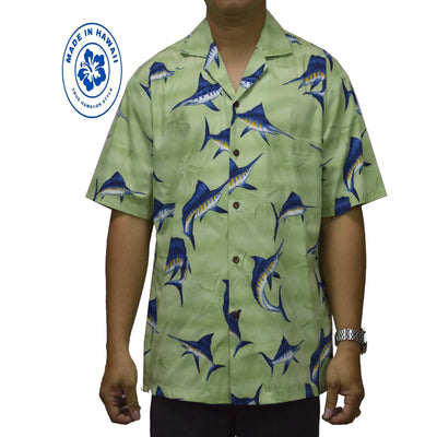 Ky`s Hawaiian Cotton Shirt Marlin Fish -Green