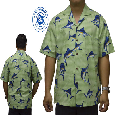 Ky`s Hawaiian Cotton Shirt Marlin Fish -Green