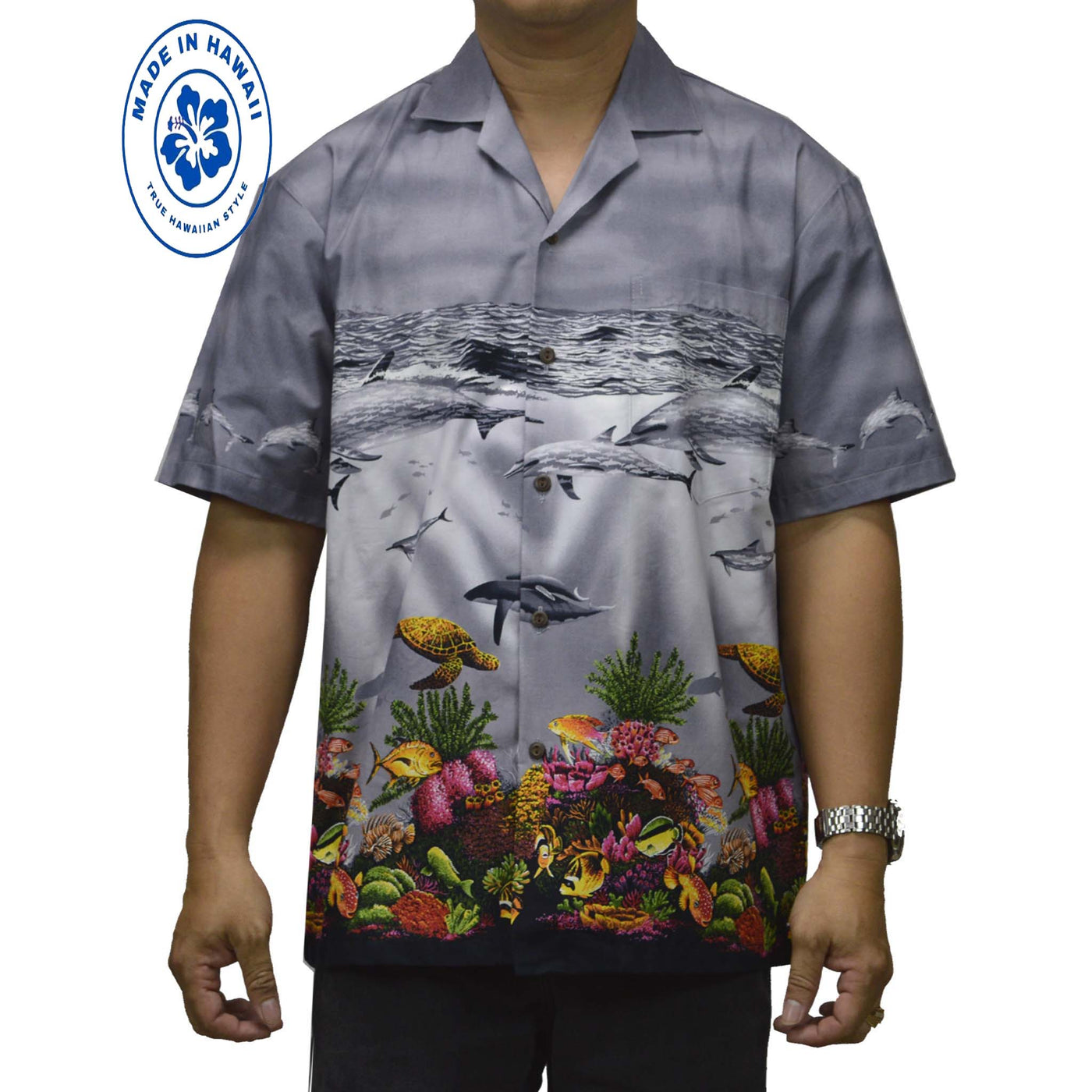 Ky's Hawaiian Cotton Shirt Whale Oceanic Life-Gray