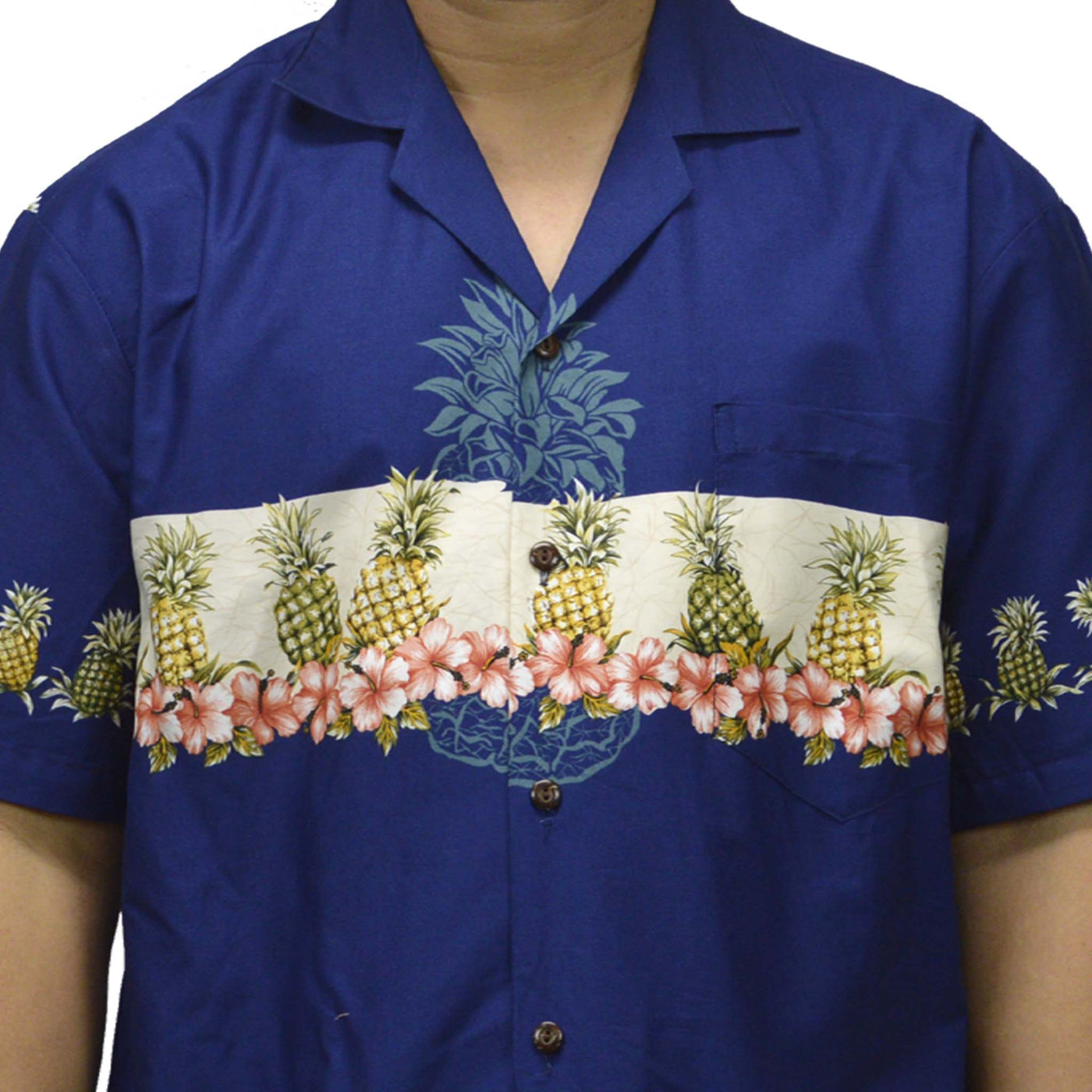 Cotton Hawaiian Shirt Pineapple-Navy