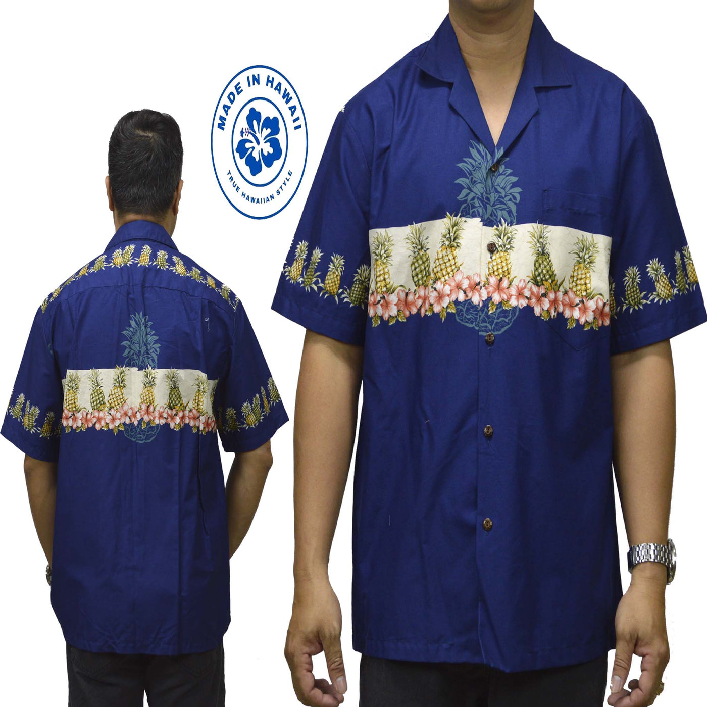 Cotton Hawaiian Shirt Pineapple-Navy