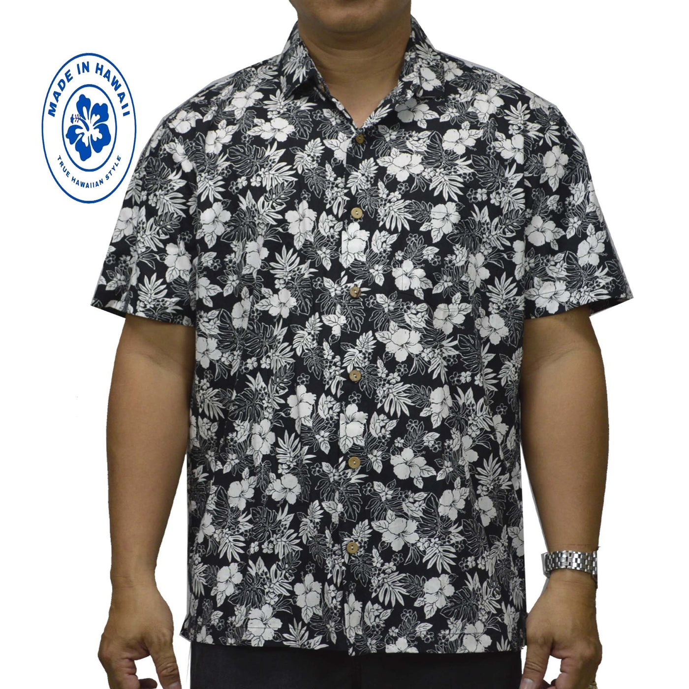 Cotton Hawaiian Performance Shirt with Hibiscus Print Made in Hawaii