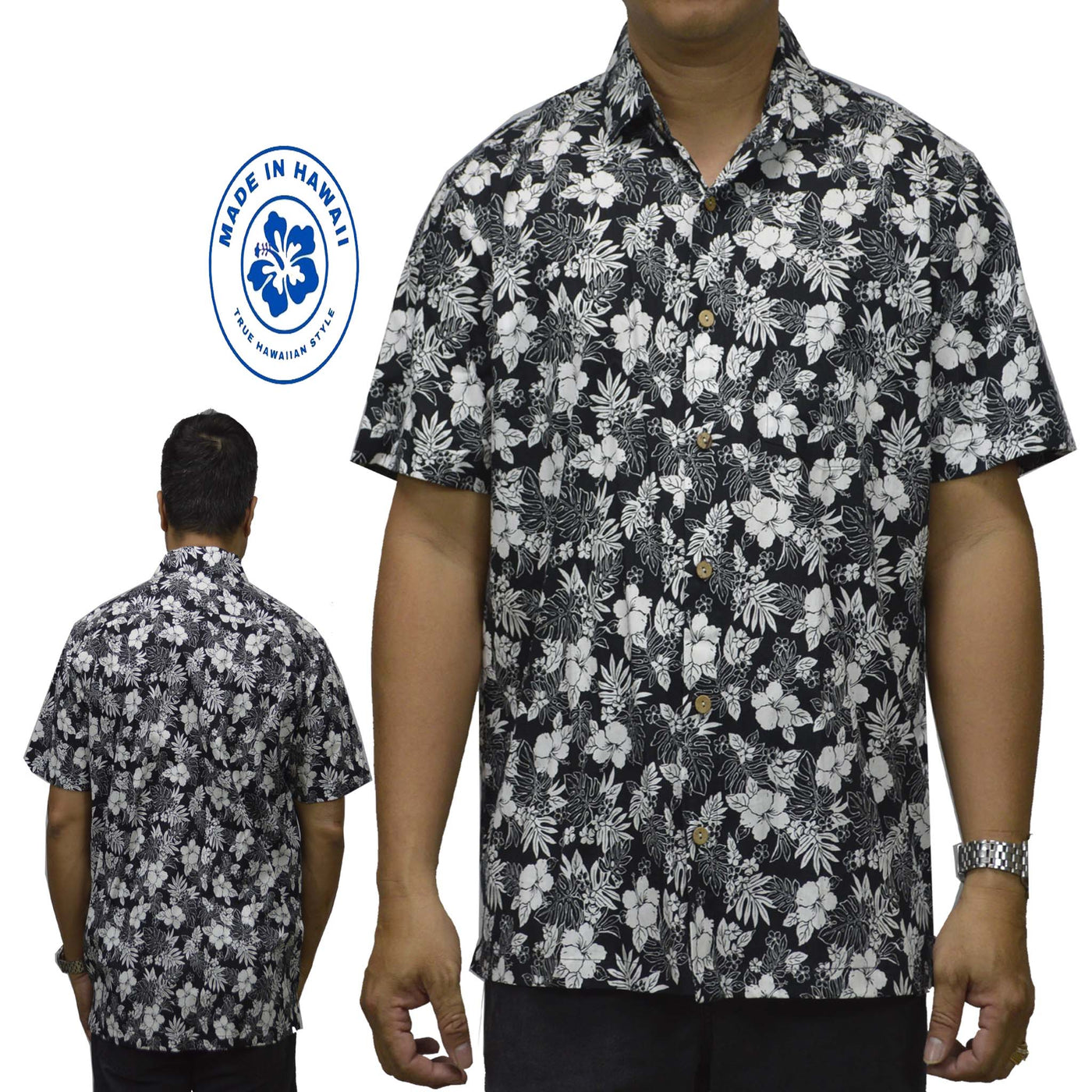 Cotton Hawaiian Performance Shirt with Hibiscus Print Made in Hawaii