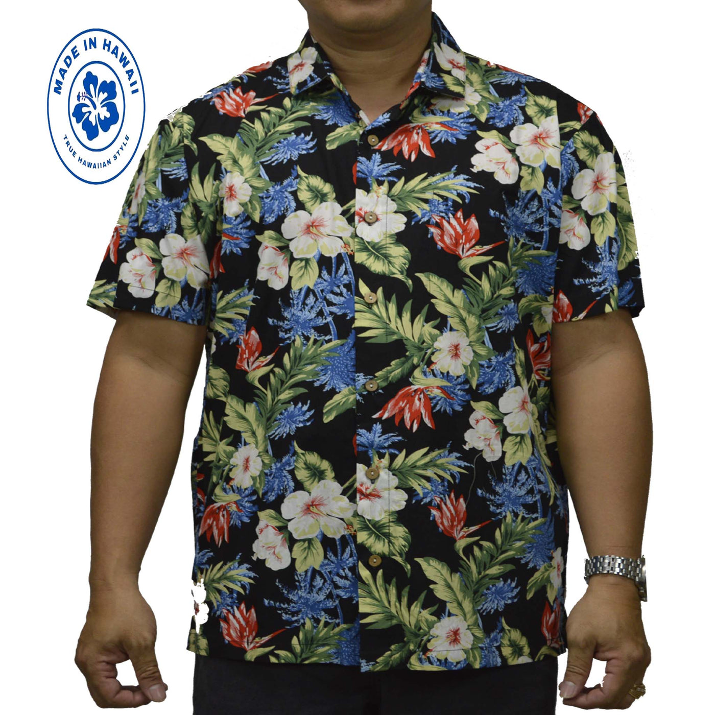 Cotton Hawaiian Performance Shirt with Hibiscus Print Made in Hawaii