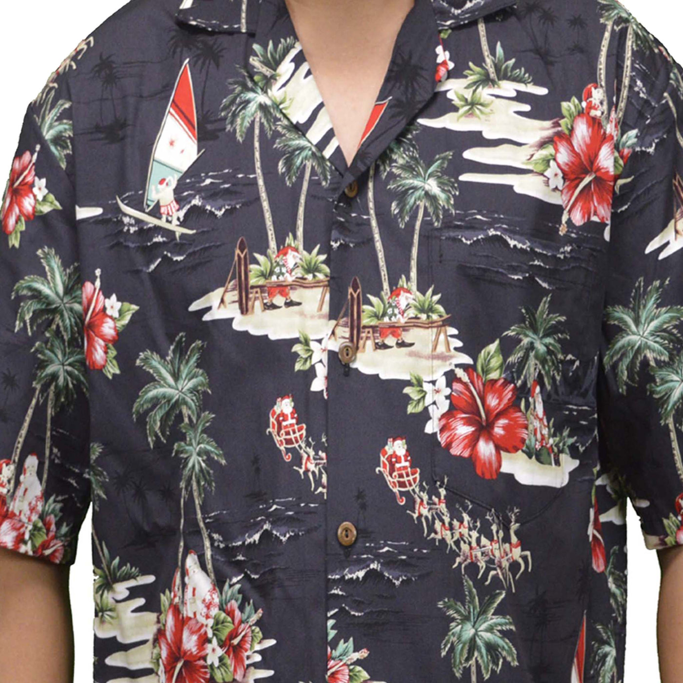 black hawaiian cotton aloha shirt with christmas scene theme