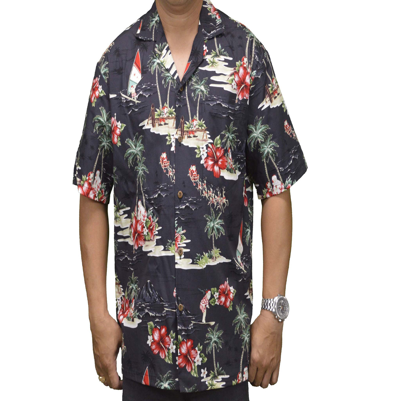 black hawaiian cotton aloha shirt with christmas scene theme