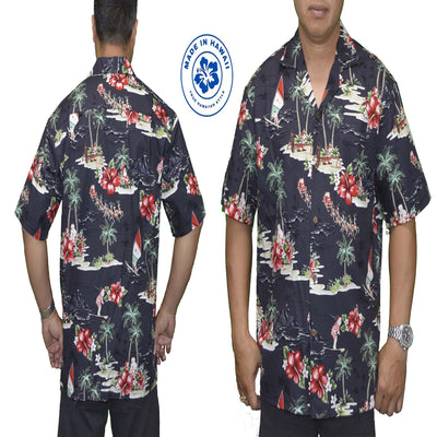 black hawaiian cotton aloha shirt with christmas scene theme