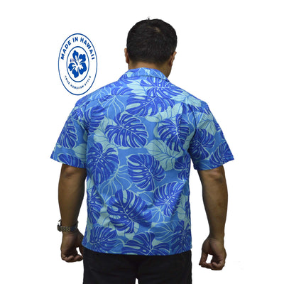 Cotton Hawaiian Shirt Monstera Deliciosa-Blue