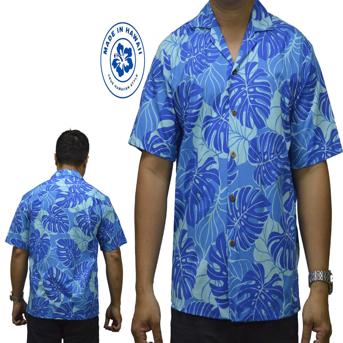 Cotton Hawaiian Shirt Monstera Deliciosa-Blue