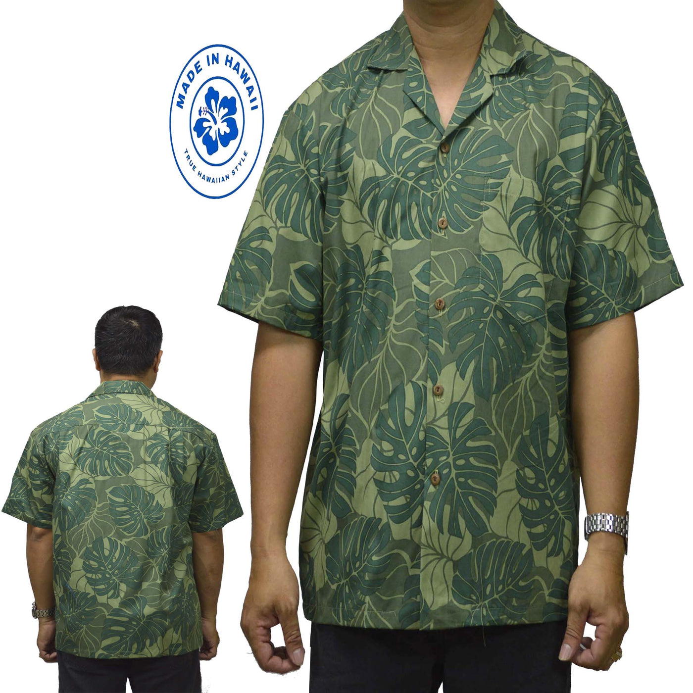 Cotton Hawaiian Shirt Monstera Deliciosa-Green