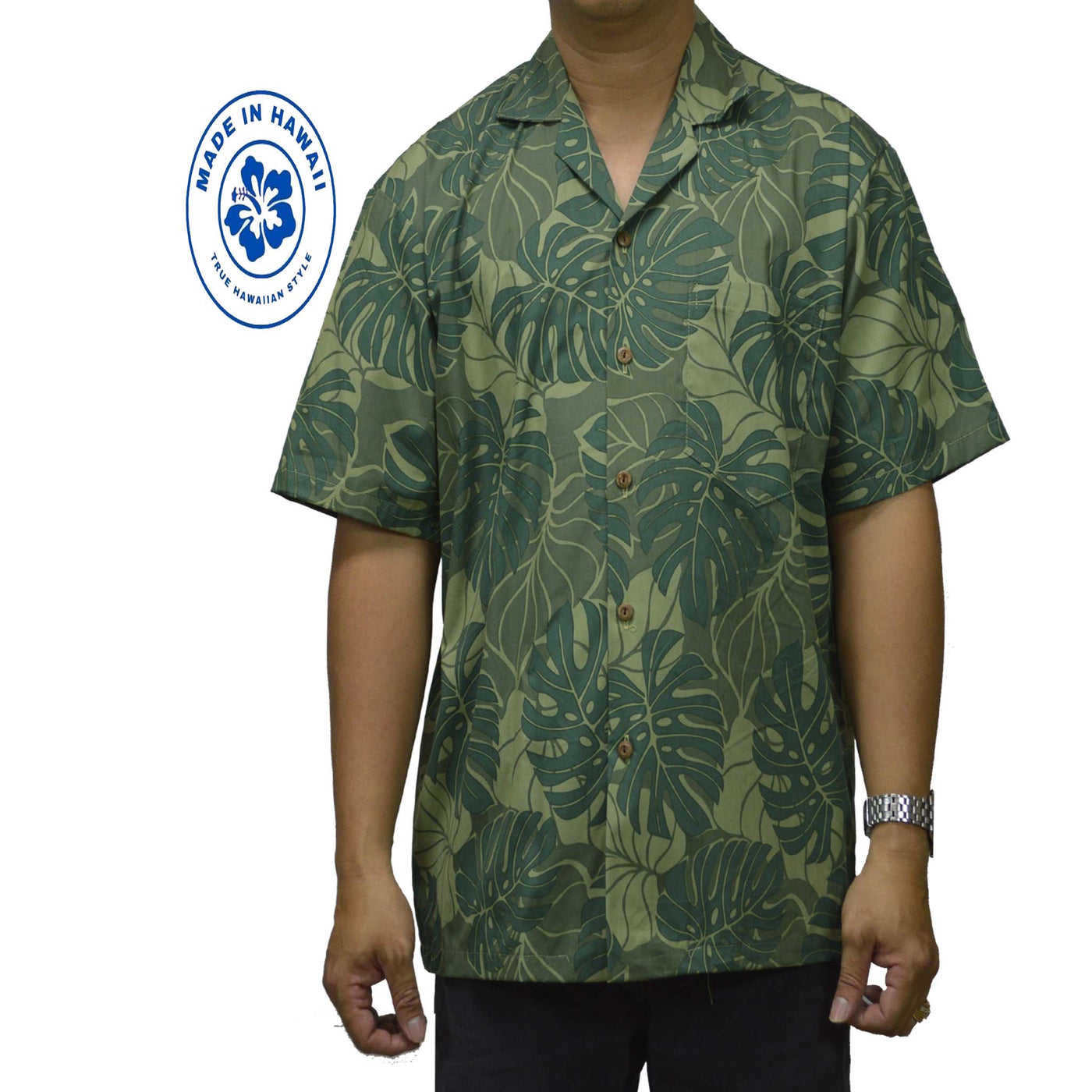 Cotton Hawaiian Shirt Monstera Deliciosa-Green