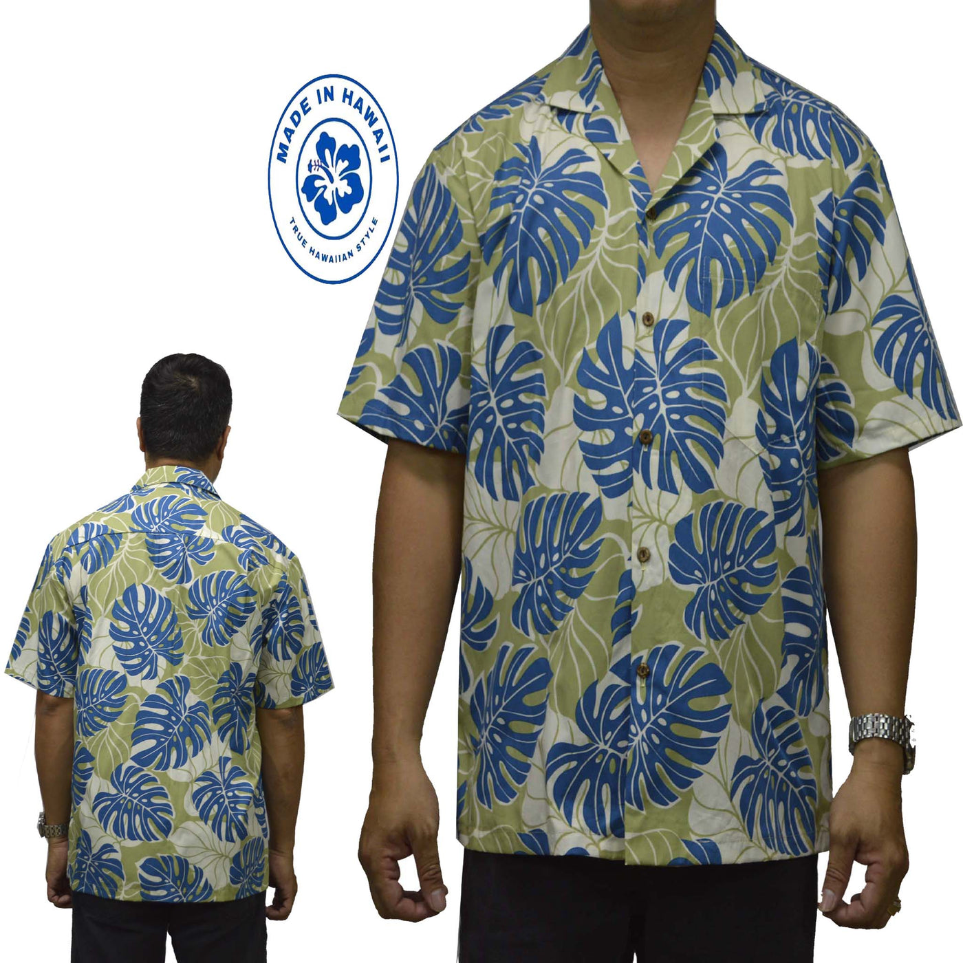 Cotton Hawaiian Shirt Monstera Deliciosa-Olive