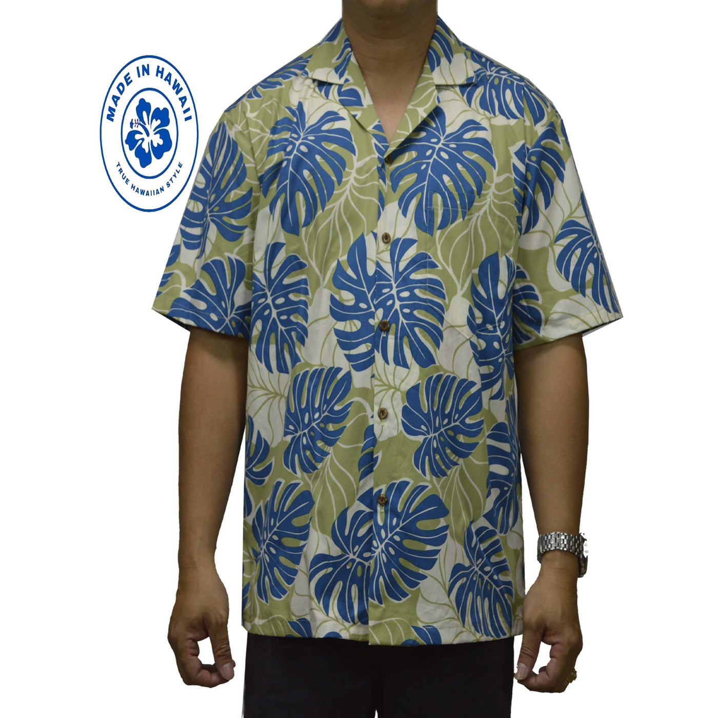 Cotton Hawaiian Shirt Monstera Deliciosa-Olive