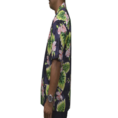 black hawaiian cotton aloha shirt with coral orchid