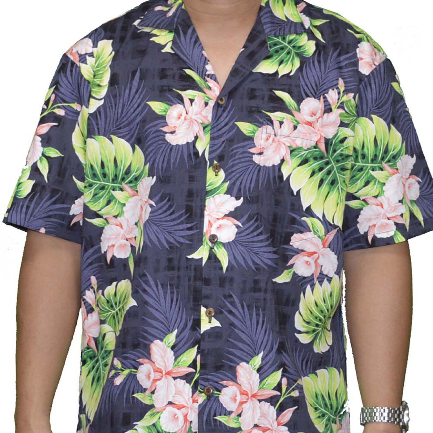 black hawaiian cotton aloha shirt with coral orchid