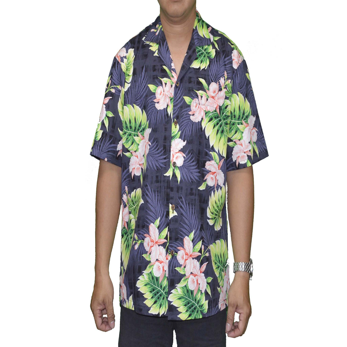 black hawaiian cotton aloha shirt with coral orchid