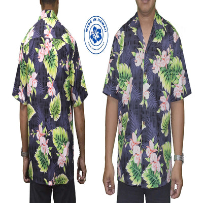 black hawaiian cotton aloha shirt with coral orchid