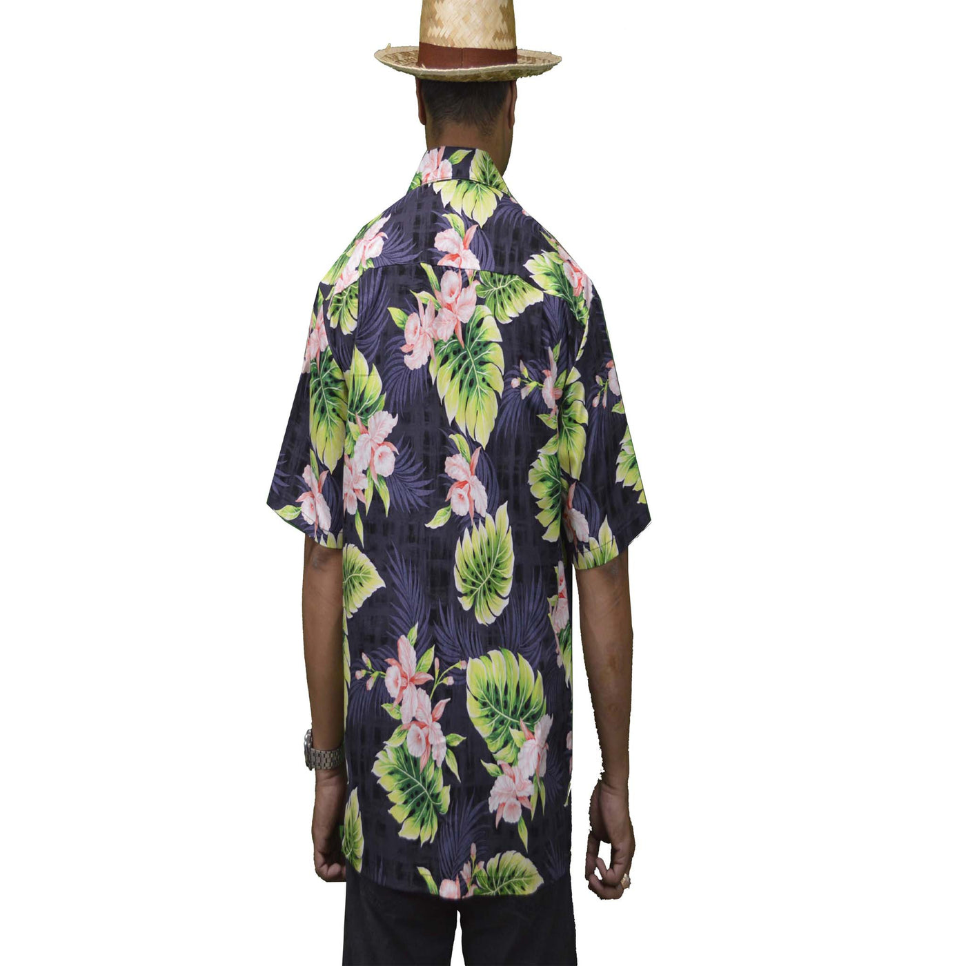 black hawaiian cotton aloha shirt with coral orchid