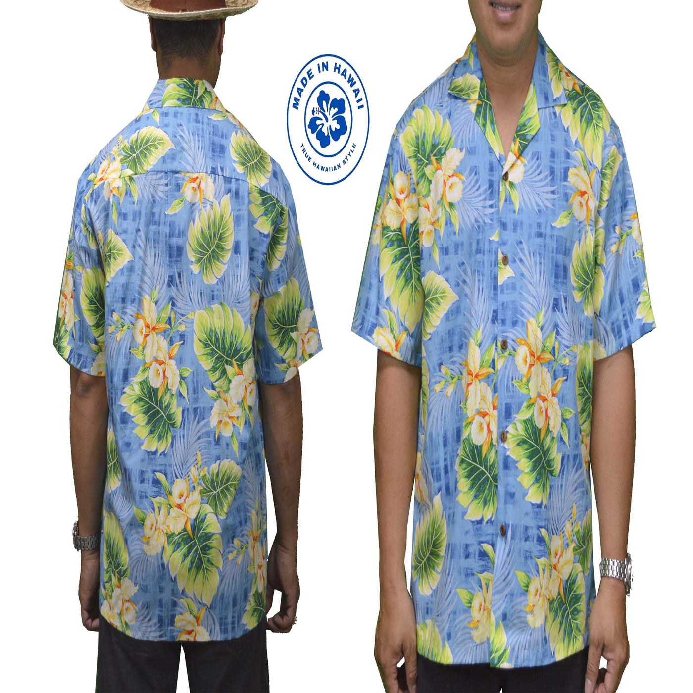 authentic hawaiian cotton aloha shirt with yellow orchid