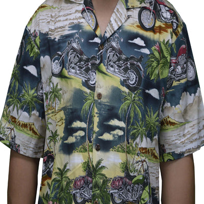 blue hawaiian cotton aloha shirt with motorcycle scene theme