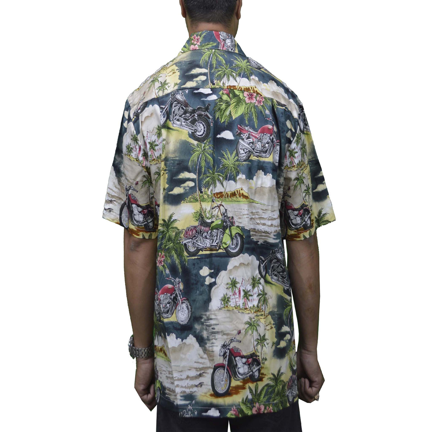 blue hawaiian cotton aloha shirt with motorcycle scene theme