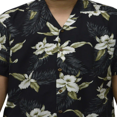 Locally made in Hawaii: Rayon Hawaiian Shirt Hilo Orchid -Black