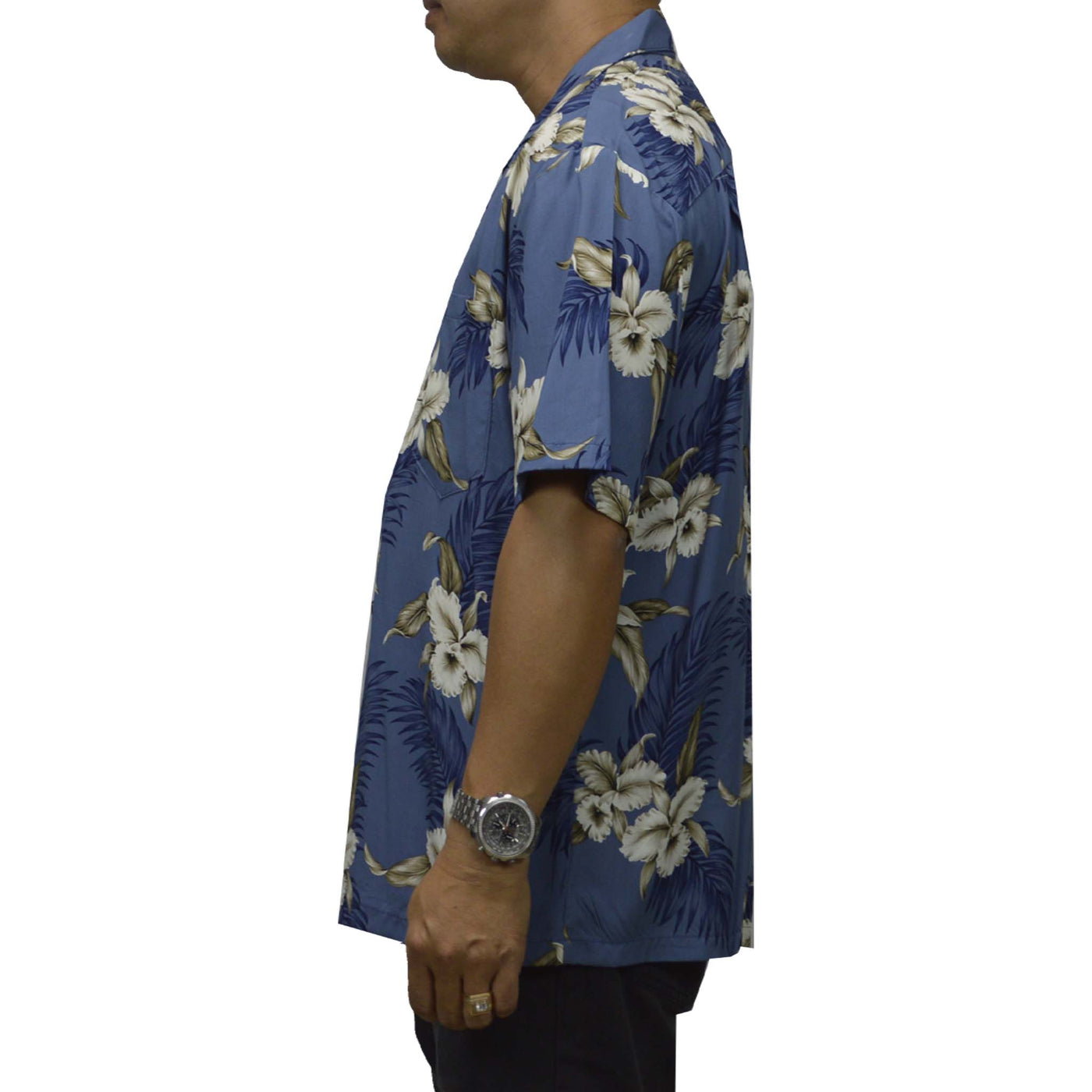 Locally made in Hawaii: Rayon Hawaiian Shirt Hilo Orchid -Blue