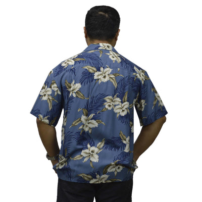 Locally made in Hawaii: Rayon Hawaiian Shirt Hilo Orchid -Blue