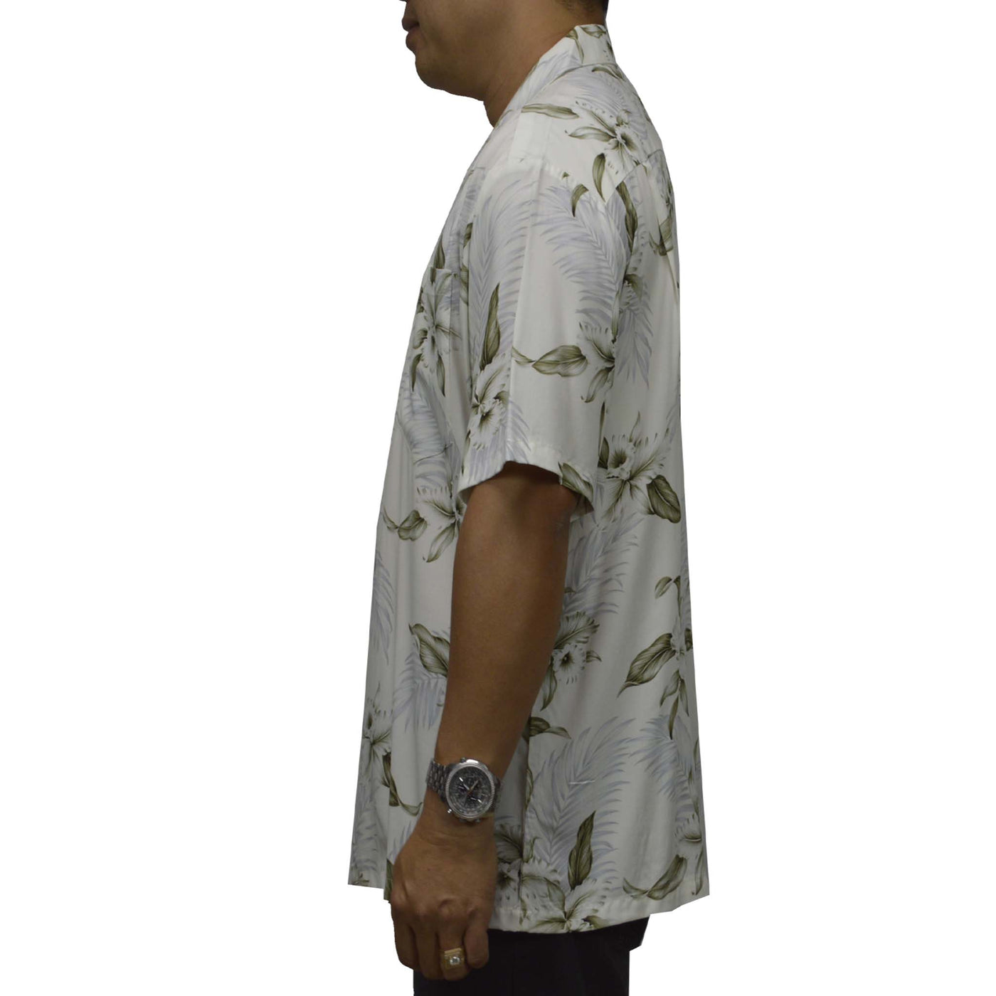 Locally made in Hawaii: Rayon Hawaiian Shirt Hilo Orchid -White