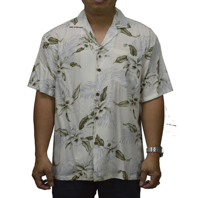 Locally made in Hawaii: Rayon Hawaiian Shirt Hilo Orchid -White