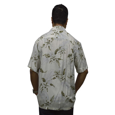 Locally made in Hawaii: Rayon Hawaiian Shirt Hilo Orchid -White