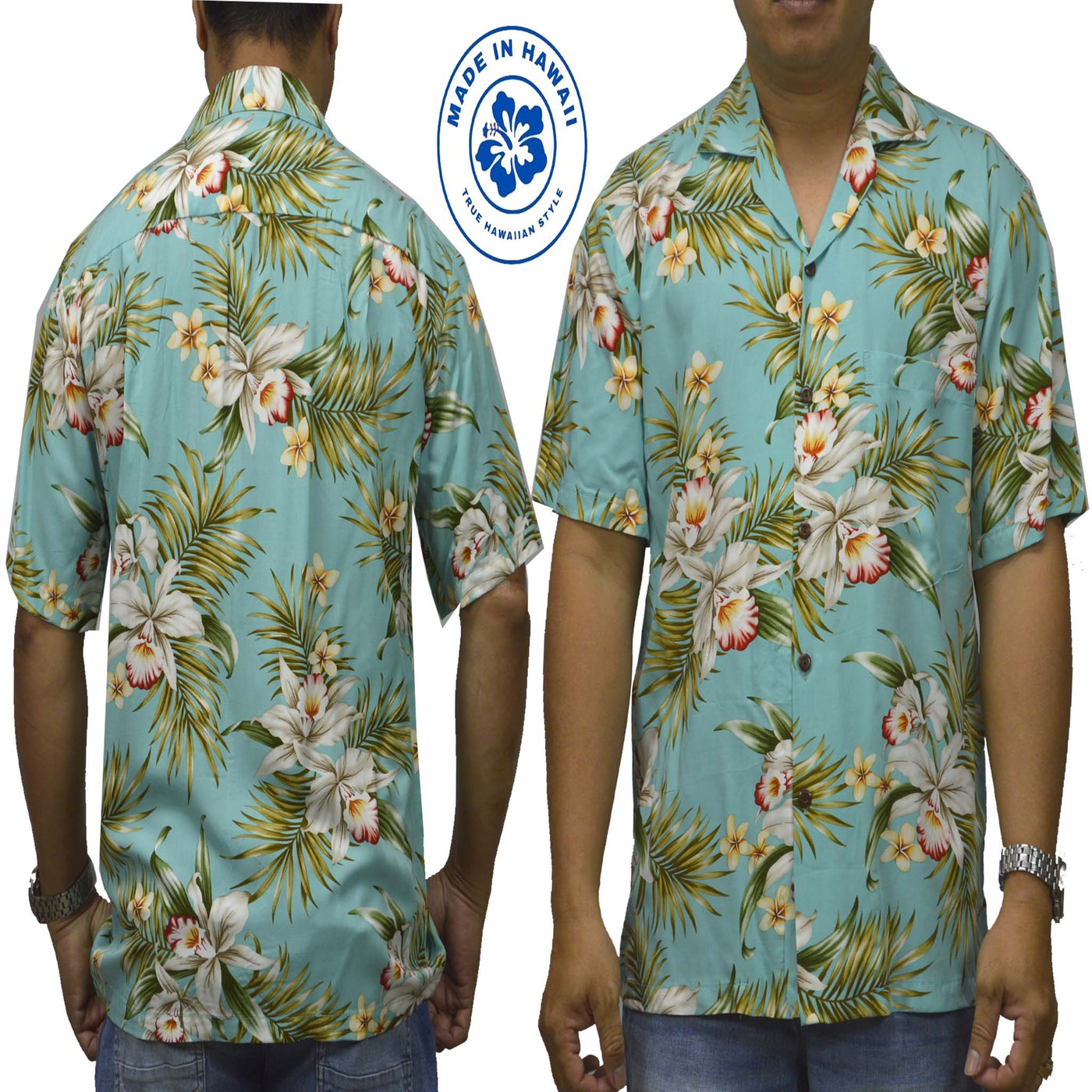 Locally made Hawaii: Rayon Hawaiian Shirt Maui Orchid -Green