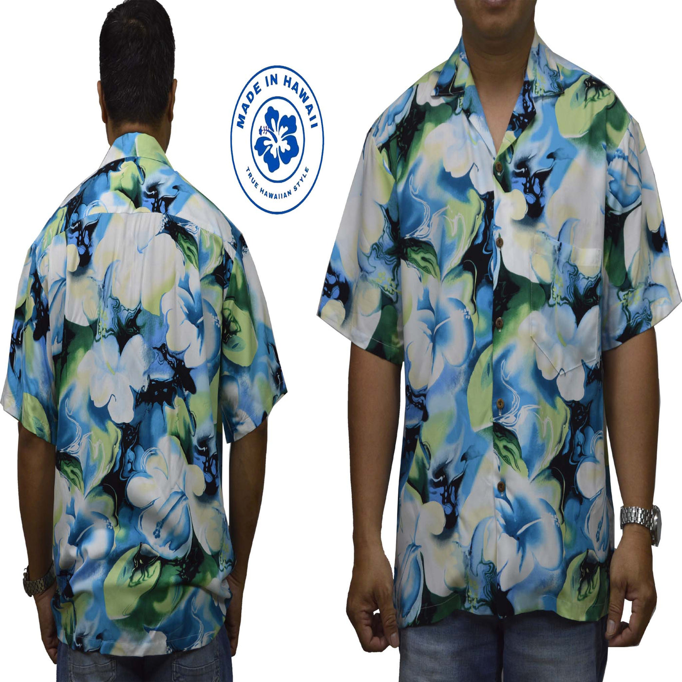 Locally made Hawaii: Rayon Hawaiian Shirt Honolulu Hibiscus Art-Blue