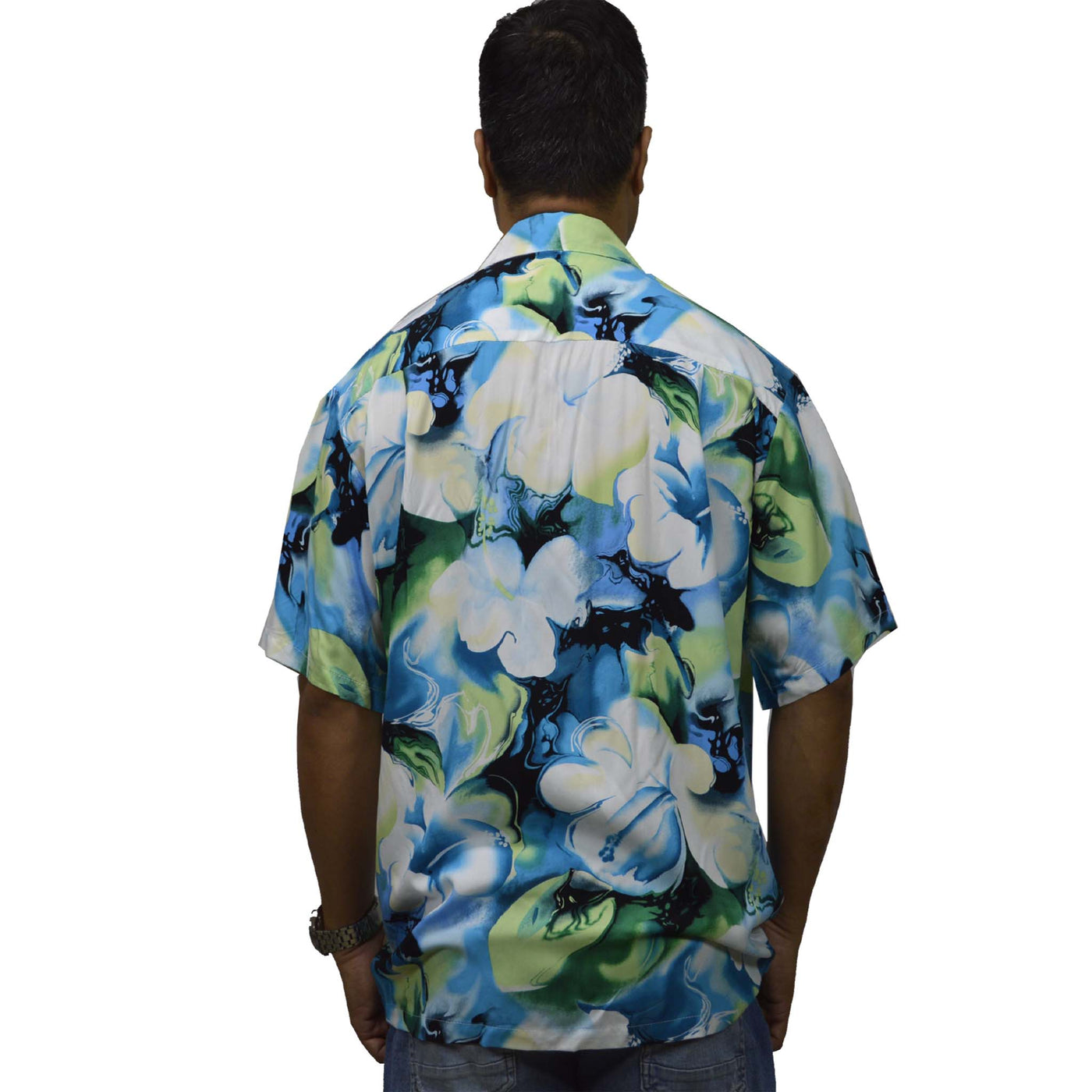 Locally made Hawaii: Rayon Hawaiian Shirt Honolulu Hibiscus Art-Blue